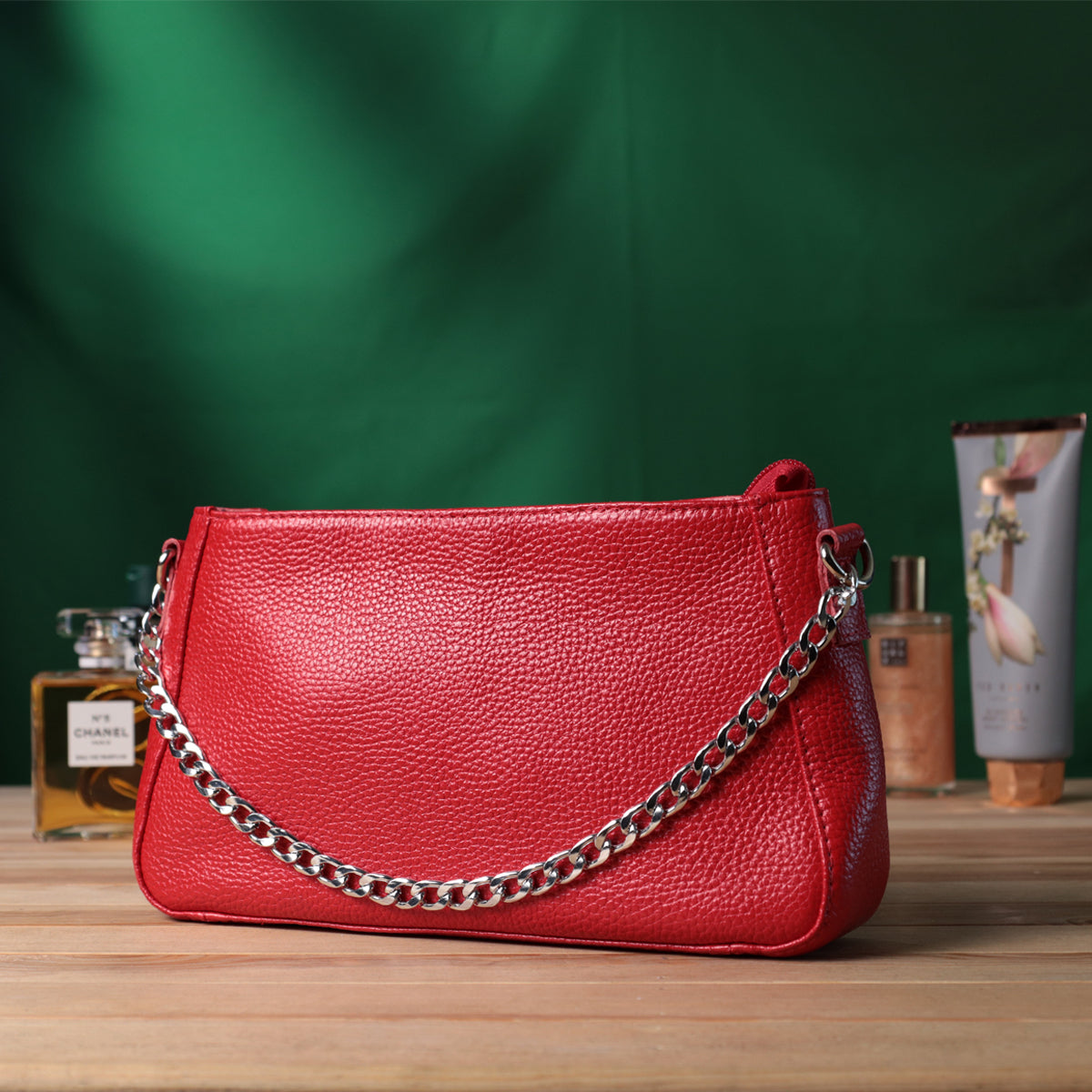 Bright Baguette Bag with Chain and Detachable Strap, SHVIGEL 22836, Red, Natural Leather