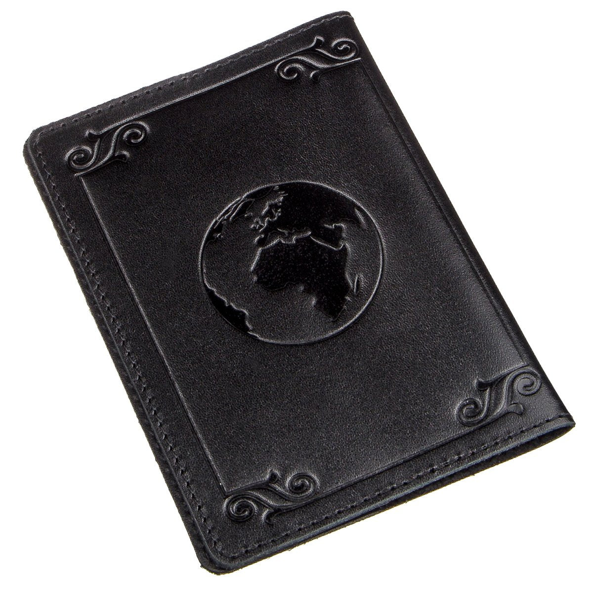 Leather Passport Cover with Map and Frame SHVIGEL 13982 in Black - Made in Ukraine, Genuine Leather Design
