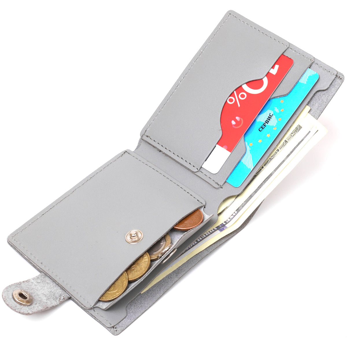 Small Leather Wallet SHVIGEL 16451 Gray Natural Leather Made in Ukraine