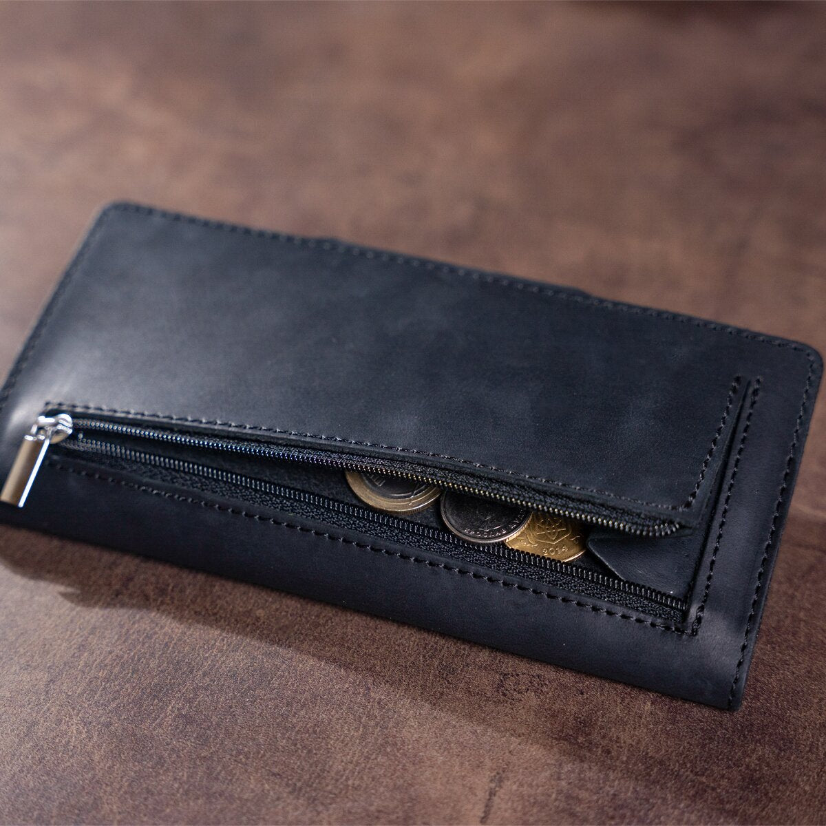 Vertical Men's Wallet by SHVIGEL 16182 in Black Vintage Leather with Button Closure