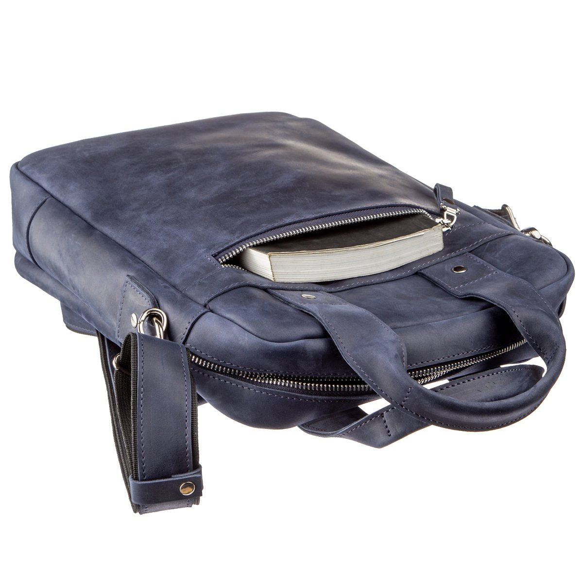 Stylish A4 Vertical Format Bag in Matte Leather by SHVIGEL, Model 11170, Blue Color