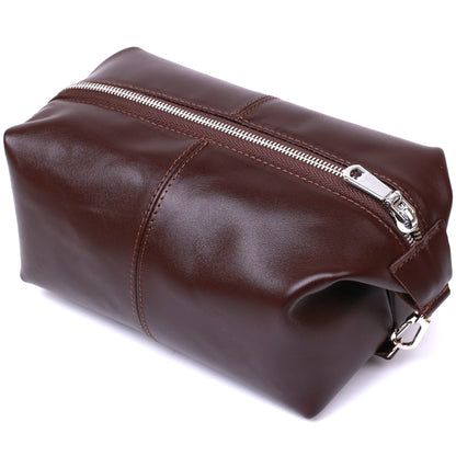 Glossy Leather Cosmetic Bag SHVIGEL 16407 Brown Genuine Leather Made in Ukraine