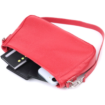 Bright Baguette Bag with Chain and Detachable Strap, SHVIGEL 22836, Red, Natural Leather