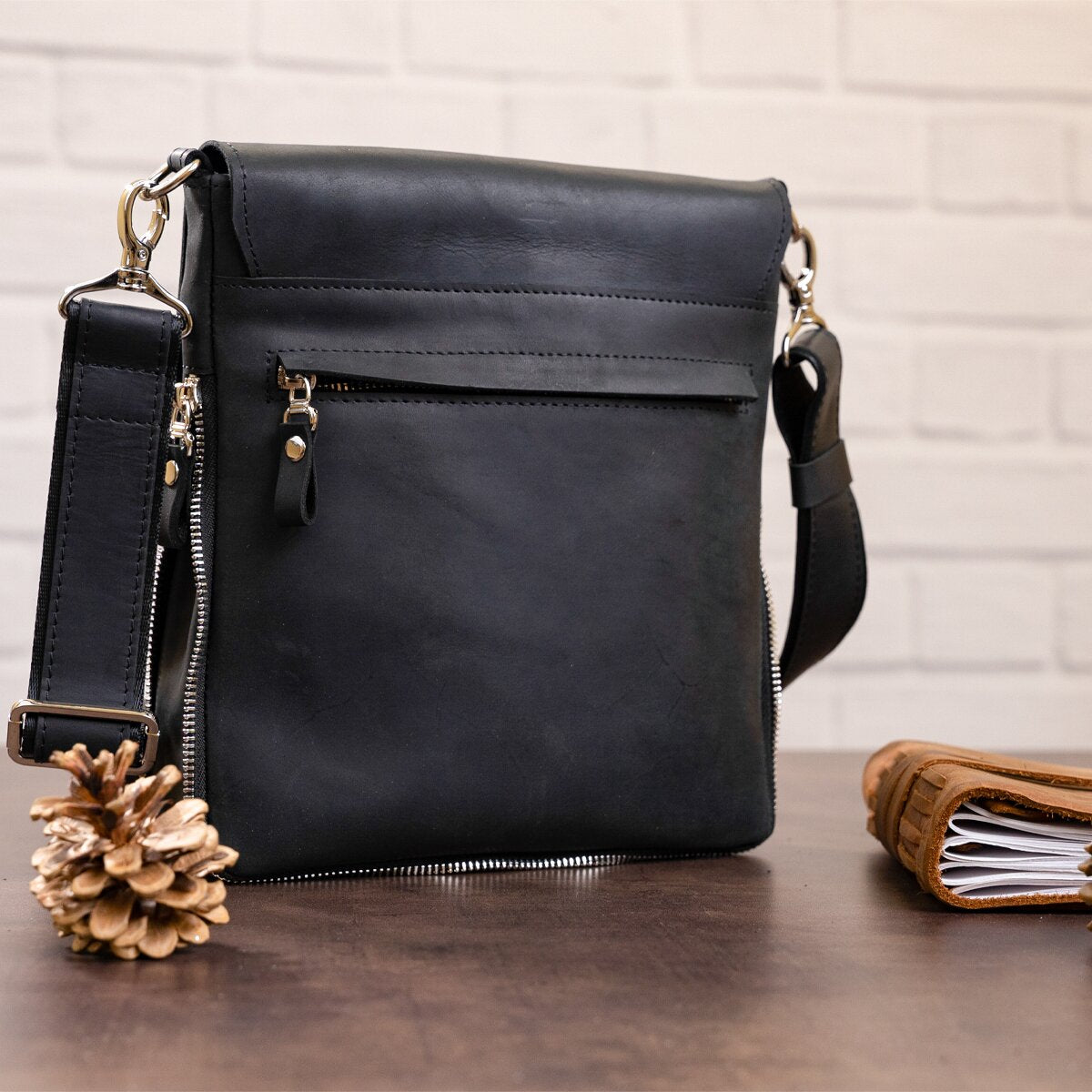 Vintage Leather Bag SHVIGEL 11017 Black Natural Leather Handmade in Ukraine