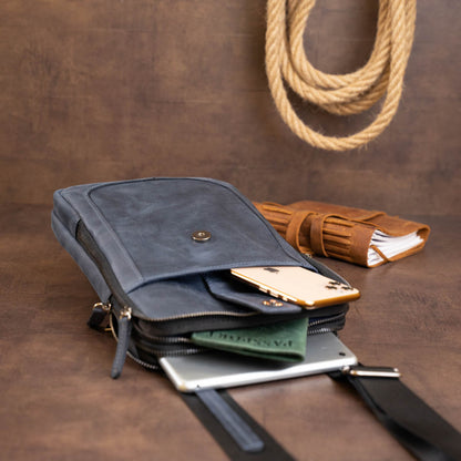 Men's Vintage Leather Tablet Bag SHVIGEL 11284 Blue Dual Compartment Natural Leather