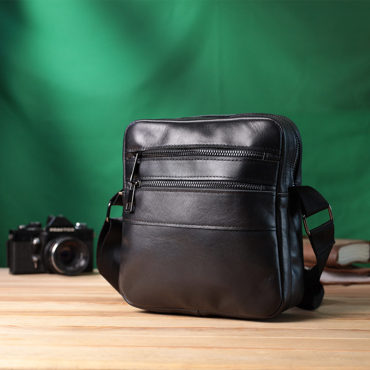 Classic Men's Messenger Bag by SHVIGEL, Model 22846, Glossy Black Natural Leather