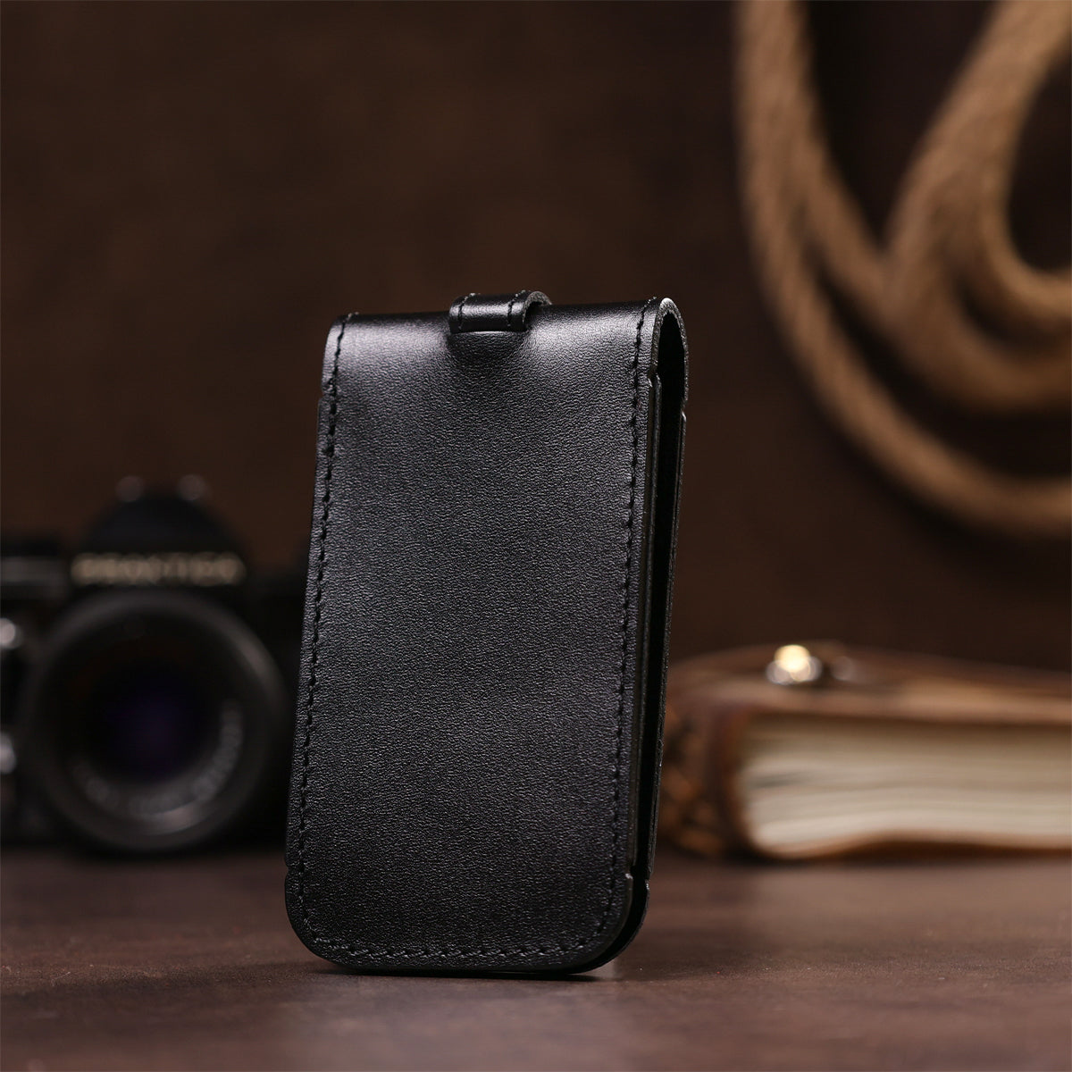 Compact Leather Key Holder with Strap SHVIGEL 13988 Black, Natural Leather, Made in Ukraine