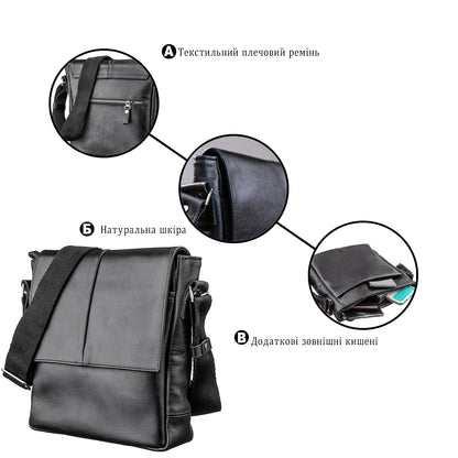 Leather Messenger Bag SHVIGEL 00793 Black Genuine Leather, Handmade in Ukraine