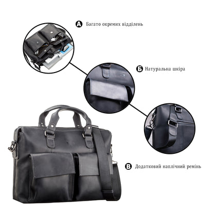 Leather Laptop Bag SHVIGEL 11111 Black Genuine Leather Made in Ukraine