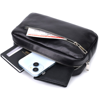 Rectangular Men's Banana Bag SHVIGEL 22825 Black Glossy Leather Made in Ukraine