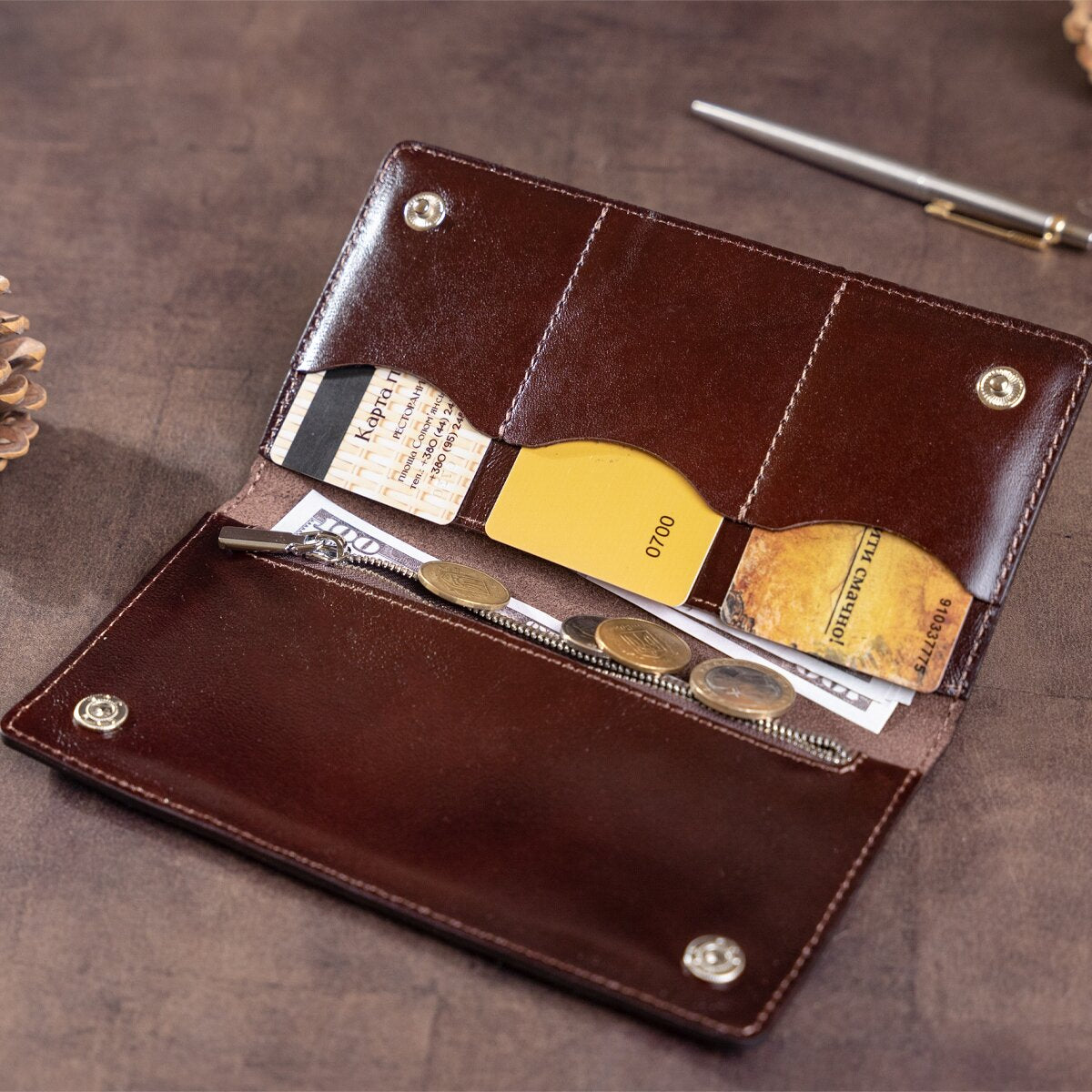 Men's Vertical Wallet SHVIGEL 16193 Brown Genuine Leather with Two Buttons from Ukraine